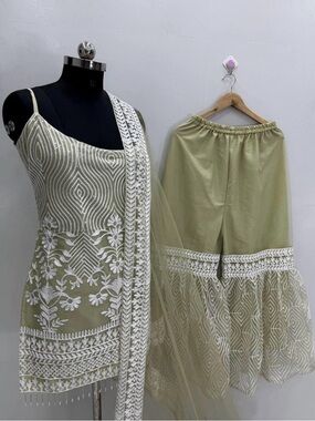 Embroidered Olive Green Sharara Set with White Lace